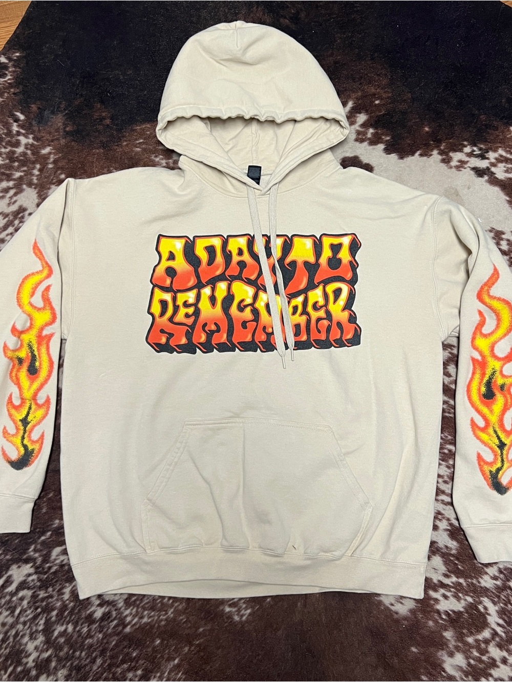 Beige Graphic Hoodie with Flame Sleeve Design